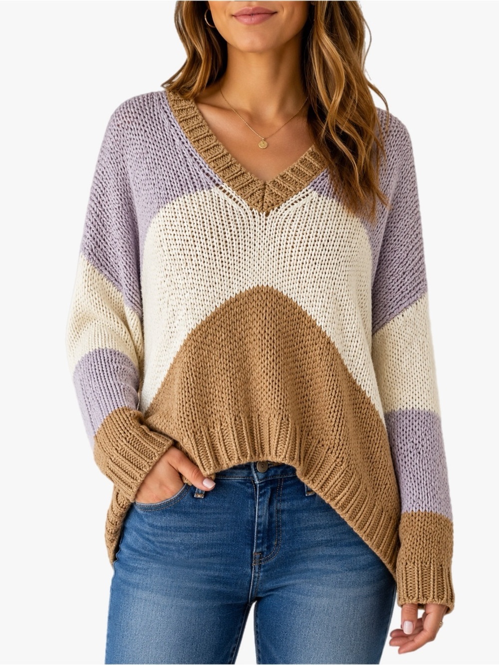 Wild Honey Women’s M Chunky Knit Colorblock V-Neck Sweater Lavender Cream Tan